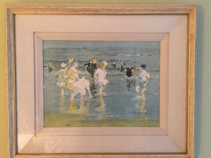 121. Artwork Children Playing at Shore by E. Fettigus (25" x 21")