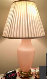 128. Pair of Frosted Pink Glass w/ Brass Base Table Lamp (32")