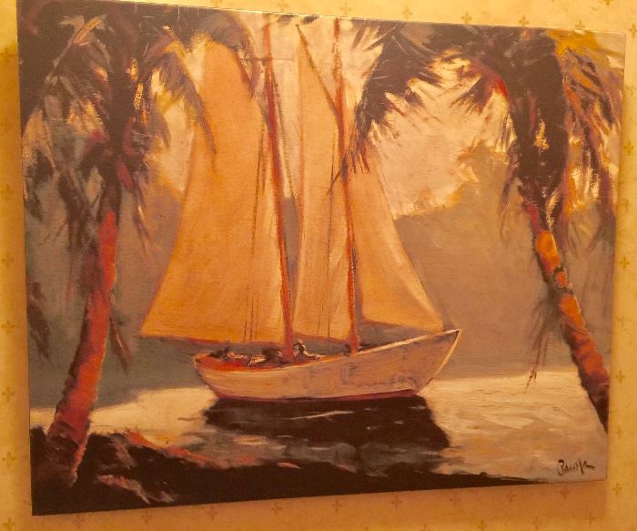 78. Canvas of Sailboat in Tropical Setting (28" x 22")