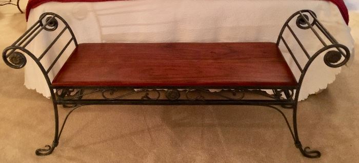 125. Theodore and Alexander Iron Scroll Rolled Arm  Bench w/ Wood Seat (62" x 18" x 27")