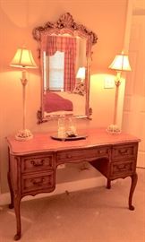 123. Gilted Framed Beveled Mirror (24" x 41")                   122. Hickory 4 Drawer Vanity (48" x 20" x 30")                 124. Pair of Painted Metal Lamps (32")