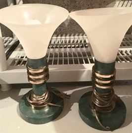 251. Mid Century Green & Brass Torchiere Table Lamp (15")