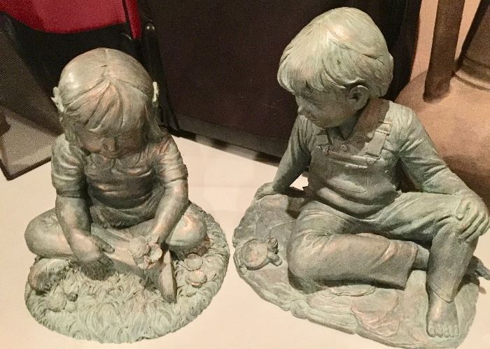 158. Pair of Sculptures Girl Seated Figurine (12") Boy Seated Figurine (14")