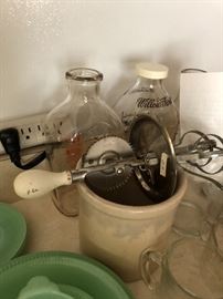 Vintage crock, hand mixer