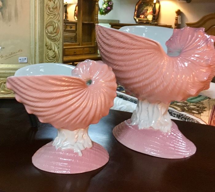 Pair of Vintage Ceramic Shell Vases
