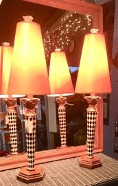 Pair of Adorable Black & White Checkered Lamps with Gold Shades