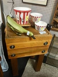 Heavy, custom made butcher block and ceramic popcorn 4-piece set, as well as a wooden duck