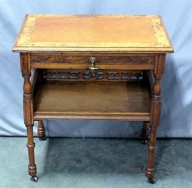 Antique Louis Philippe Style Writing Table on Casters with Dovetail Constructed Drawer, Leather Inlay, and Burlwood Border, 27-3/8"W x 30"H x 18"D