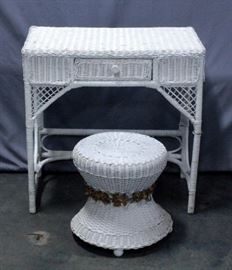 Wicker Desk / Table with Drawer, 29.5"W x 29.5"H x 17"D, and Wicker Mushroom Table with Floral Detail, 14"Dia x 15"H
