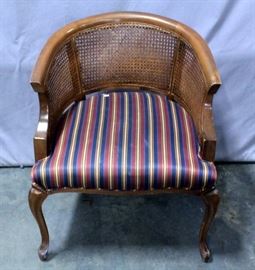Vintage Cane Back Barrel Chair with Whorl Feet and Upholstered Seat Cushion