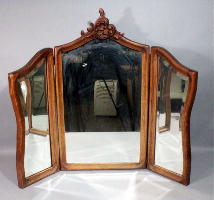 Antique Beveled Glass Tri-Fold Mirror with Ornate Carved Finial, 20" x 36" Center Section, 10" x 28" Side Sections