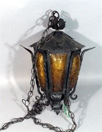 Black Iron Hanging Swag Lamp with Textured Amber Glass, 18"