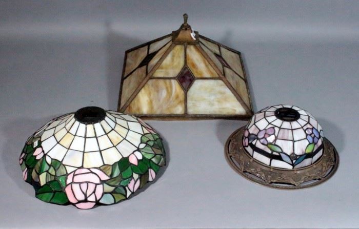 Stained Glass / Tiffany Style Lamp Light Shades, Qty 3, 11"Dia Purple Flowers w/ Metal Rim, 13.3" Pink Flower Shade, & 14" x 14" Red Diamond Shade