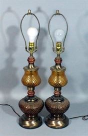 Pair of Vintage Hobnail Amber Glass Table Lamps
