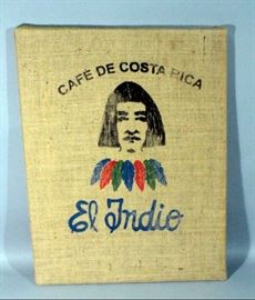 El Indio Cafe Costa Rica Jute Burlap Coffee Bean Sack Mounted to Frame / Stretcher Bars, 25"W x 33"H