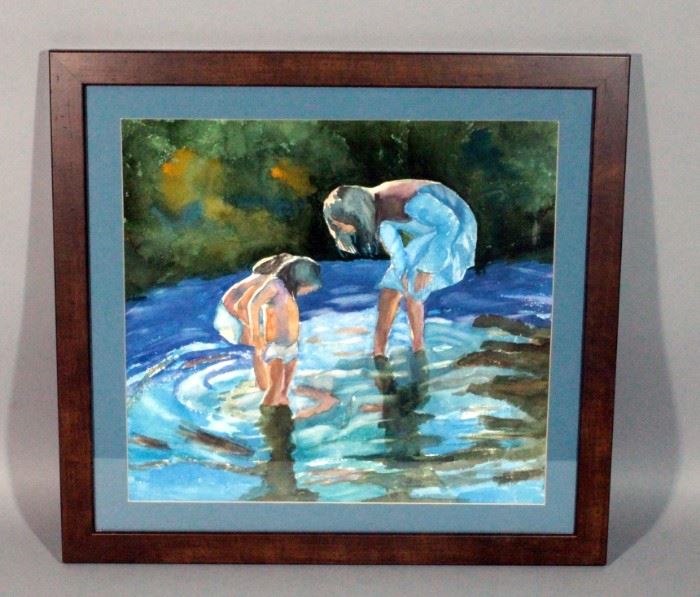 Original Watercolor of Mother and Children Playing in Water, Unsigned, Framed and Matted, 21" x 19.5"
