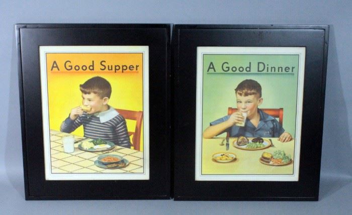 1944 National Dairy Council, Chicago "A Good Dinner" and "A Good Supper" Framed Advertisements, 19" x 23"
