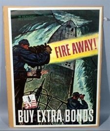 WWII 1944 Government Printing Office O-581636 "Fire Away! Buy Extra Bonds in Memory USS 'Dorado' 5th War Loan" Poster Mounted to Cardboard, 20" X 28"