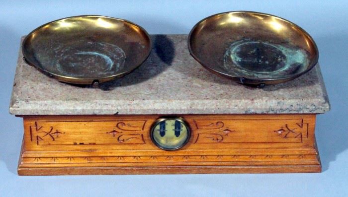 Antique 1890 Apothecary Balance Scale with Oak Base and Marble Top, 19"W x 6"H