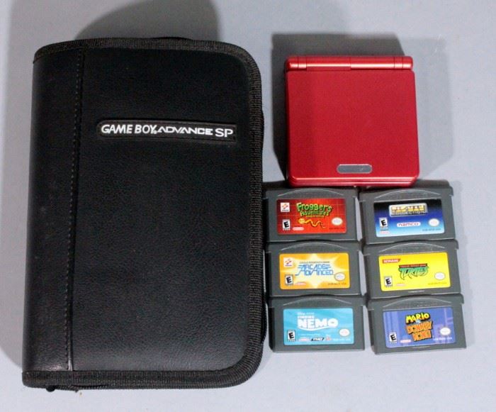 Nintendo Gameboy Advance SP with Case, Charger, Manuals, and 5 Games, Mario Vs Donkey Kong, Ninja Turtles, Finding Nemo, PacMan, Frogger, More
