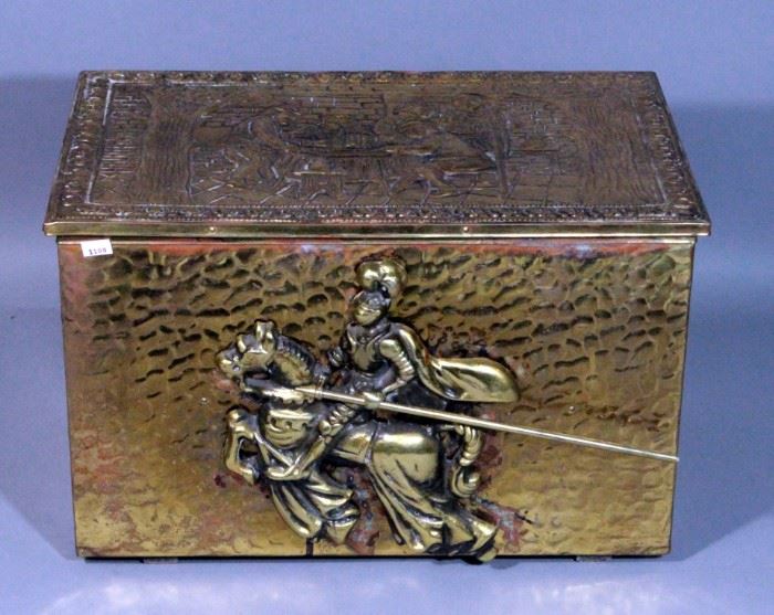 Brass Repousse Coal / Tinder Box with Pub Scene and Knight Riding Horse Applique on Front, 17"W x 11"H x 10.5"D