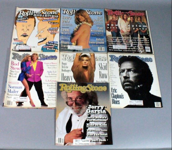 1991 Rolling Stone Magazines, Qty 7, Rod Stewart, Eric Clapton, Jerry Garcia, Skid Row, Laura Dern, Soul Asylum, Beavis & Butt-Head