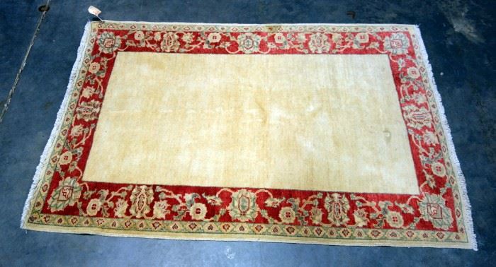 Decorative Wool Rug with Floral Border and Fringed Ends, 4' x 5'9"