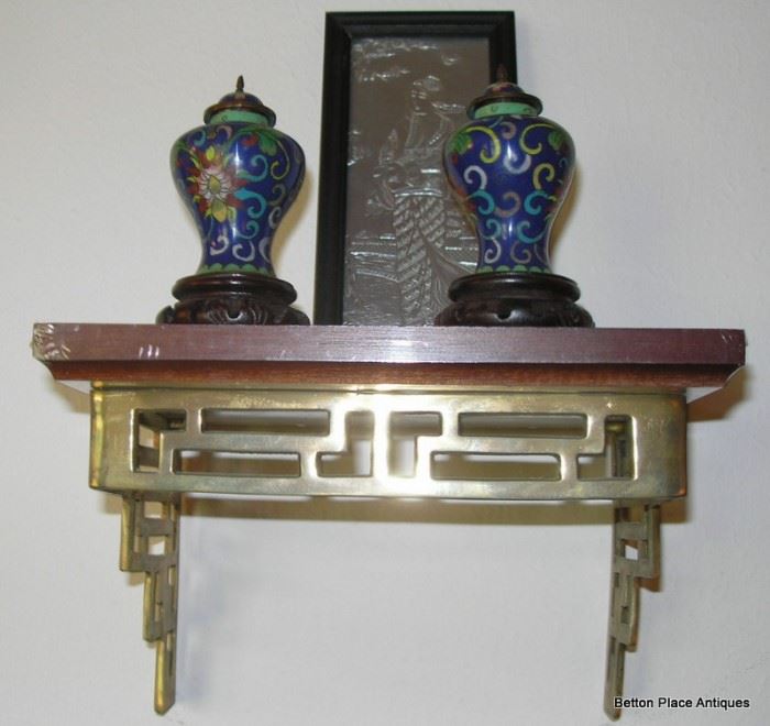 Asian Inspired Shelf with Small Cloisonne Urns
