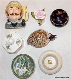 Royal Doulton Miniature Toby, Glass Snail, Herend Rabbit Trinket box, Limoges blue Trinket box, Two small Asian Salt dishes and more