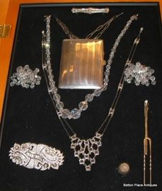 9 kt Gold Hatpin, Austrian Crystal Necklace, Antique Glass Necklace with earrings, Sterling Silver Thimble and a Sterling Silver Antique Coin Case