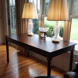 Desk, matching crystal lamps, antique center bowl