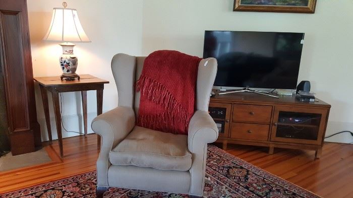Wing chair w/ custom upholstery and down cushion