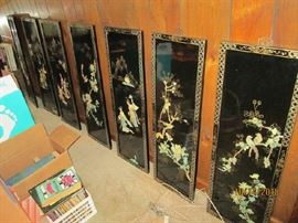 7 Asian panels with carved MOP and jade.