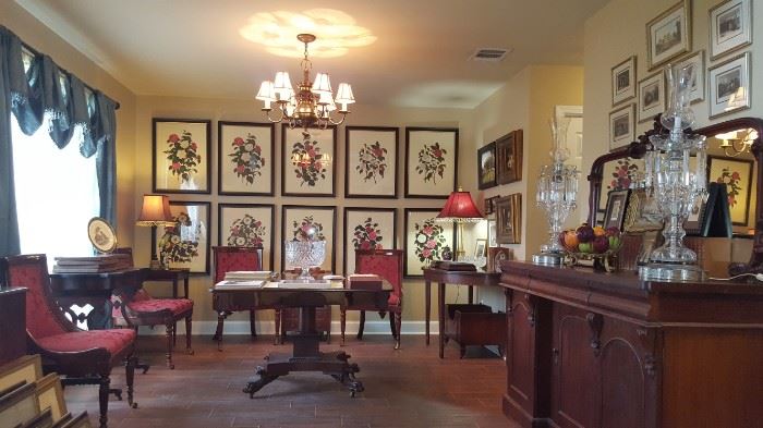 Set of 10 framed Antique Camelia Prints, Set of 4 Upholstered Dining Chairs, Mahogany drop leaf center table