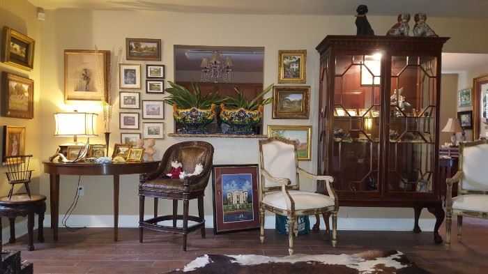 Chippendale Style Display Case, Pr. of French Chairs,