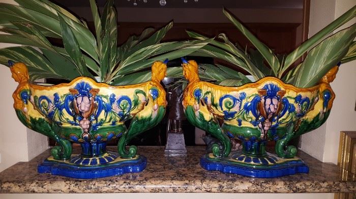 Large Pair of Majolica Urns-Vases