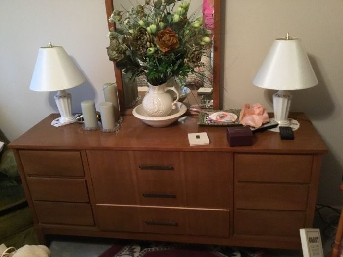 Mid Century Modern dresser and mirror; lamps and more