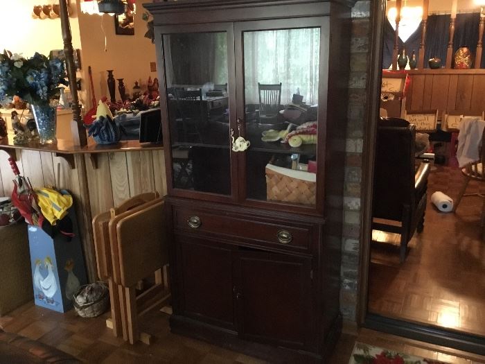 Full view of the china cabinet; wooden TV Tray set - lots of chicken decor