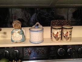 Salt & pepper shakers, salt box, napkin holder