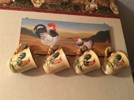 Rooster/Chicken wall plaque with 4 coffee cups