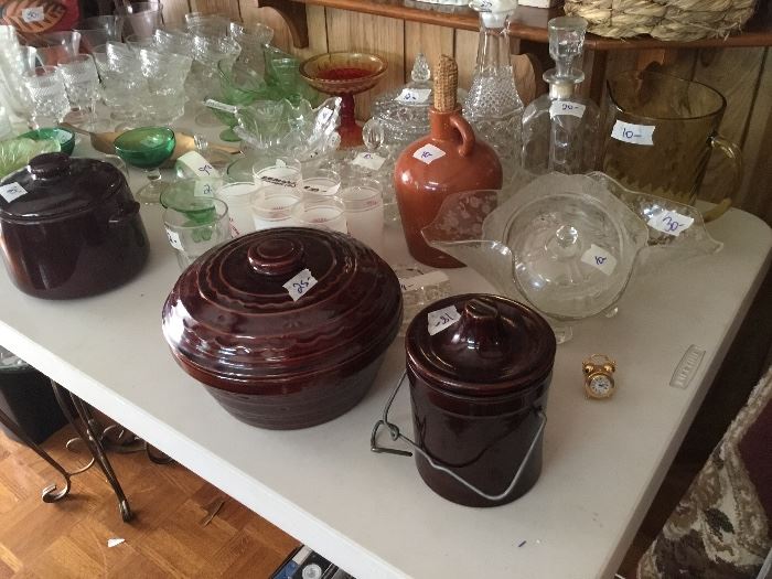 Marcrest casserole with cover, crocks and lots of various glass items