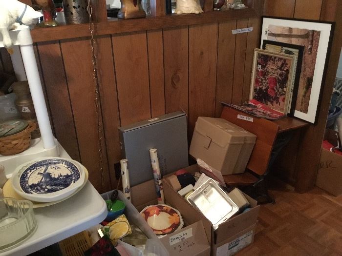 Vintage school desk, pictures, storage items, paper products and lots more
