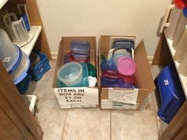 Pantry across from laundry area - lots of plastic Rubbermaid, Tupperware and more.