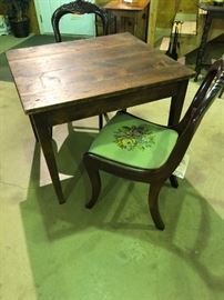 Small Farm Table / Two Needlepoint Chairs