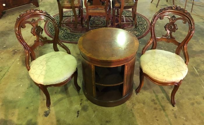Round Bookcase / Two Victorian Chairs