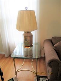 TABLE LAMPS AND BRASS AND GLASS TABLES