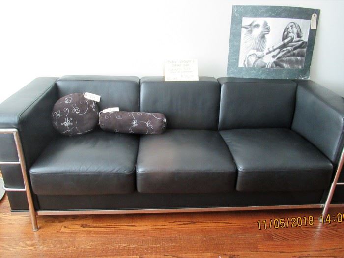  BUY IT NOW,  BLACK LEATHER AND CHROME  "FORTRESS SOFA" IN THE STYLE OF Le Corbusier.  $750.00