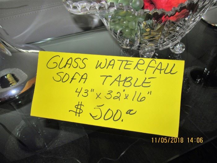 BUY IT NOW,  clear glass "waterfall sofa table.  43 x 32 x 16  $500.00