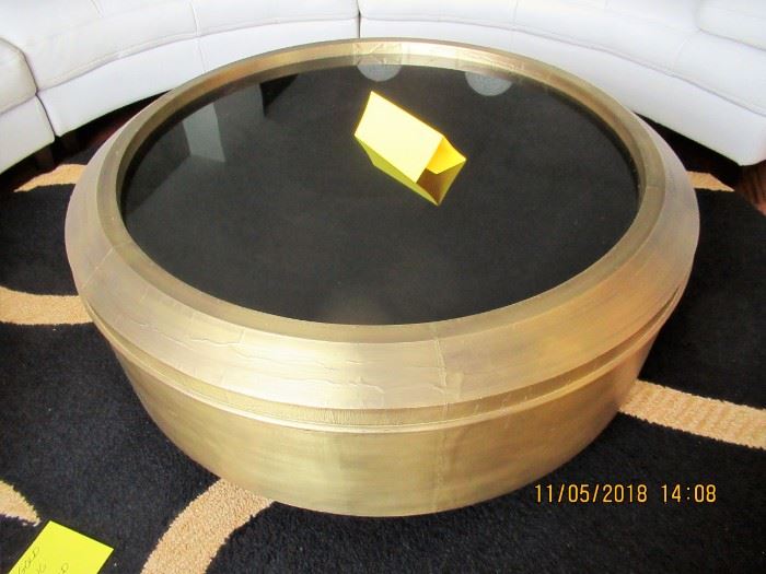 BUY IT NOW,  gold color circular with smoked glass top cocktail table, 4 feet round, $500.00