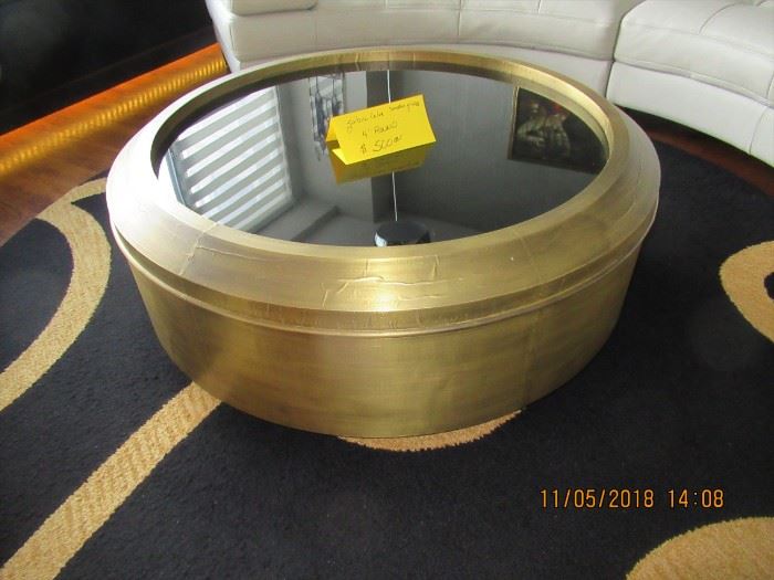 BUY IT NOW,  gold color circular with smoked glass top cocktail table, 4 feet round, $500.00